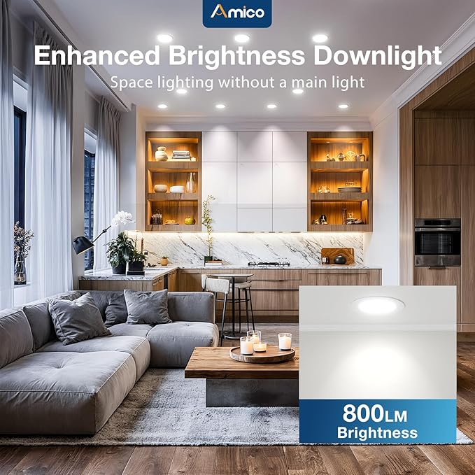 Amico 4 Pack 4 Inch 5CCT Ultra-Thin LED Recessed Dimmable Ceiling Light with Junction Box, 2700K/3000K/3500K/4000K/5000K Selectable, 10W Eqv 60W, 800Lumens, High Brightness Downlight - ETL&FCC