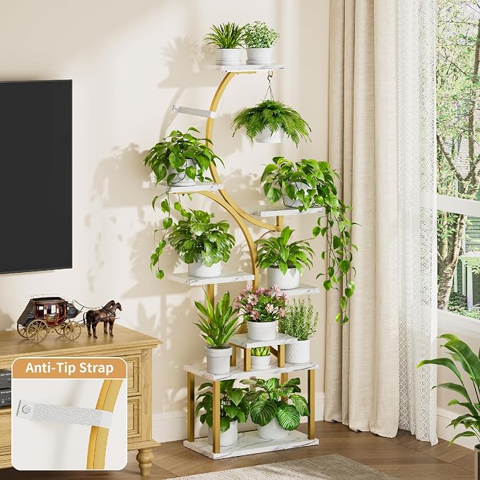 BACEKOLL Plant Stand Indoor with Grow Light, 8 Tier Corner Plant Shelf Tall | 62" Lighted Flower Holder for Plant Multiple, Space-Saving Beautiful Display Growing Rack for Home, Sturdy Metal, Faux Marble