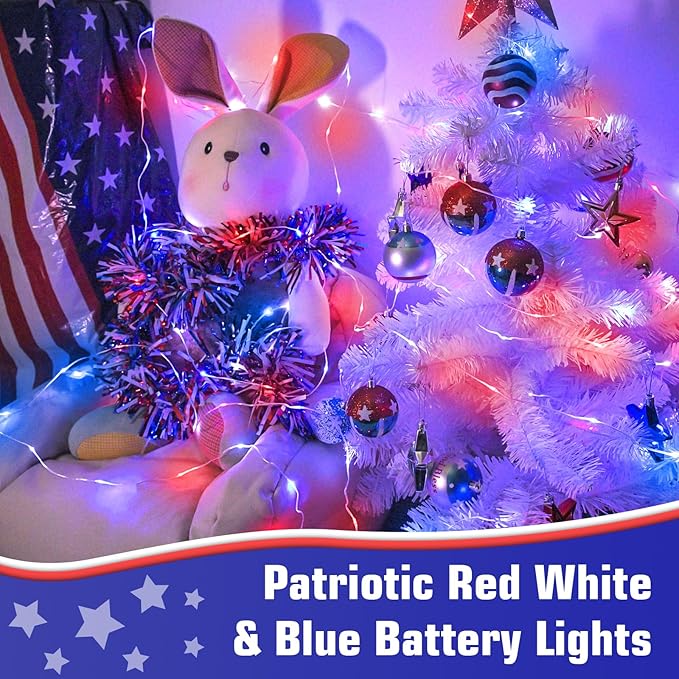 Red White and Blue Fairy Lights Battery Operated, 4th of July Lights with Timer 16.4ft 50LED for 4th of July Independence Day Memorial Day Decorations
