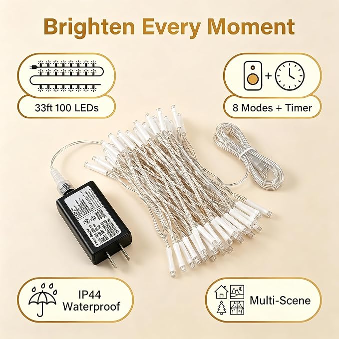 White Christmas Lights - 100 LED 33ft String Lights for Bedroom Indoor, 8 Modes Fairy Twinkle Lights Plug in, Waterproof Outdoor Hanging Lights for Room, Xmas Tree, Garden & Party Decor