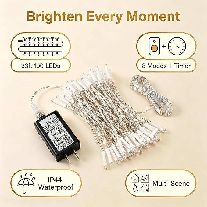 Multicolor String Lights for Indoor Bedroom, 33FT 100 LED Fairy Lights with 8 Modes & Memory, Plug in Twinkle Christmas Light, Waterproof for Outdoor Patio, Garden, Classroom, Dorm or Tree