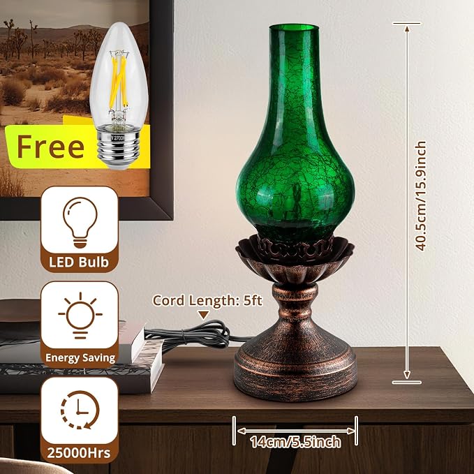Vintage Table Lamp with Green Crackle Glass Shade,Touch Control & 3-Way Dimmable Rustic Retro Farmhouse Bedside Lamp for Bedroom, Living Room, Cabin, Office (2700K LED Candle Bulb Included)