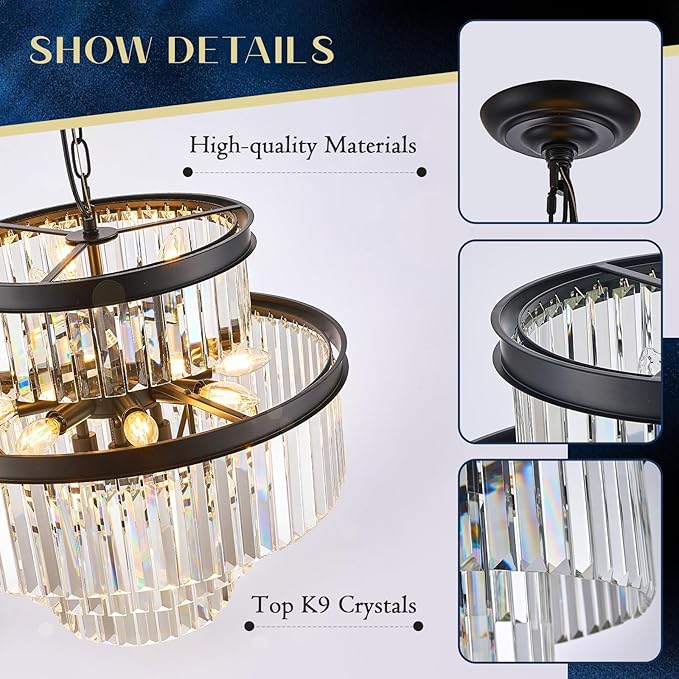 15 Lights Black Crystal Chandeliers 22" 4-Tier Luxury K9 Crystal Lighting Modern Round Ceiling Pendant Light Fixture for Living Room Dining Room Bedroom Kitchen Foyer