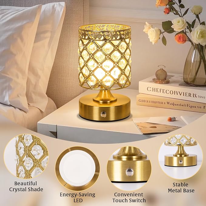 Gold Small Crystal Rechargeable Cordless Table Lamps Set of 2 | 6000mAh Battery, 3 Color Temps, Stepless Dimming, Touch Control, Portable Wireless Night Light for Bar Bedroom Living Room