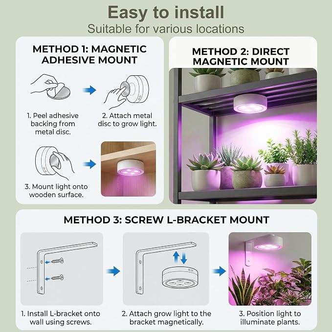 2 Pack Rechargeable Grow Light for Indoor Plants, Cordless Light | Magnetic Plant Lights for Indoor Growing, Full Spectrum LED Lighting with Timer & Remote, Stepless Dimming for Plant Shelf