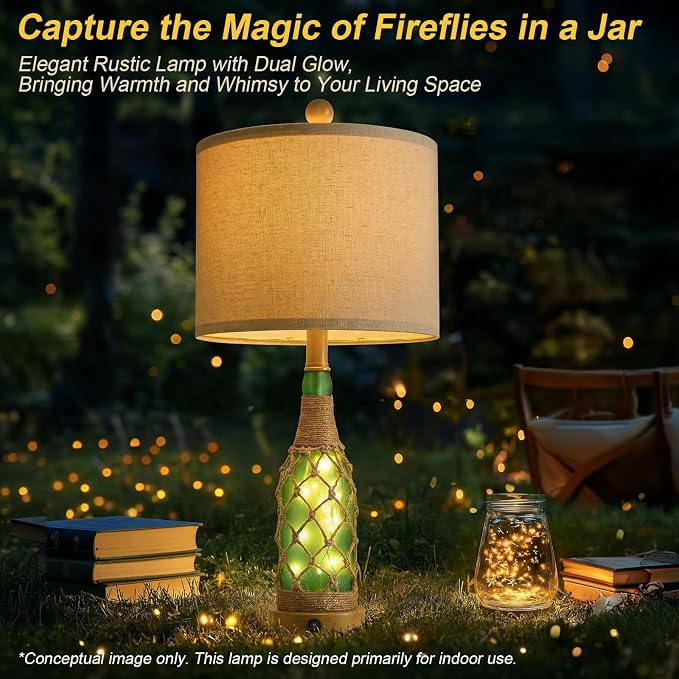 23'' Boho Table Lamps with Night Light for Living Room, Bedside Lamps Set of 2 with A+C Charging Ports for Bedroom, Farmhouse USB Lamps for Nightstand Console, Glass Bottle Rope Base, Green
