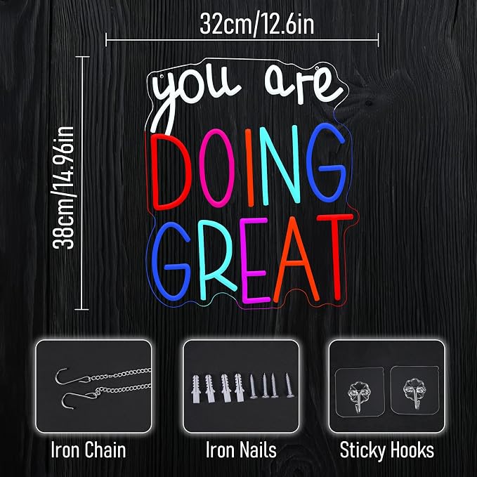You Are Doing Great Neon Sign Colorful Doing Great Neon LED Light Dimmable Inspirational Letters Light Sign for Wall Decor Living Room Office Club Home(12.6 * 14.96In)