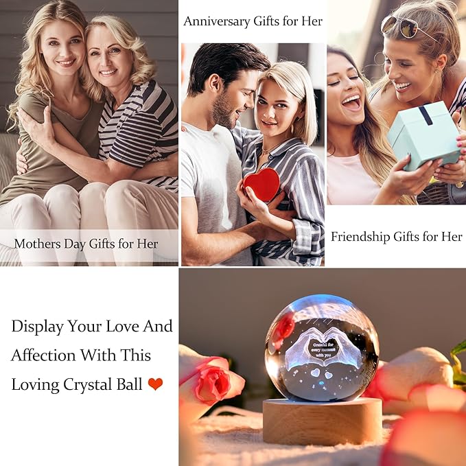 IFOLAINA 3D Heart Crystal Ball for Women Mom Wife Friends Valentines Glass Heart Hands Shaped Decor 2.36" Decorative Glass Sphere Lamp - Grateful for Every Moment with You