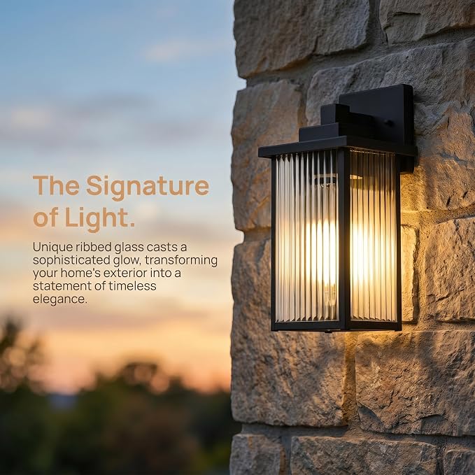 13-Inch Matte Black Outdoor Wall Light, All-Metal Frame Porch Light | Textured Glass Softens Glare, Stays Bright. Waterproof Rust-Resistant Metal. Pre-Assembled DIY Install on Porch, Garage