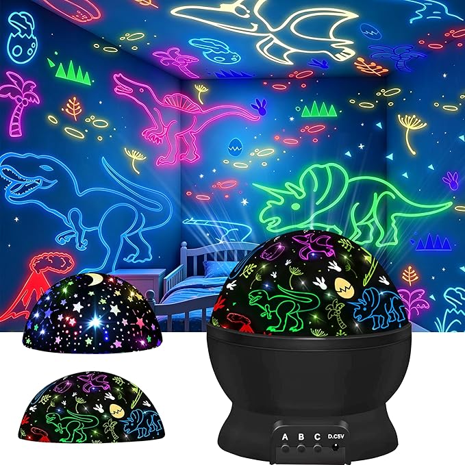 Night Light for Kids, 2-in-1 Dinosaur & Starry Sky Kids Night Projector, 360° Rotating Silent Star Night Light with USB Cable, Color Changing Toddler Room Decor, Gifts for 3-8 Year Old Girls Boys