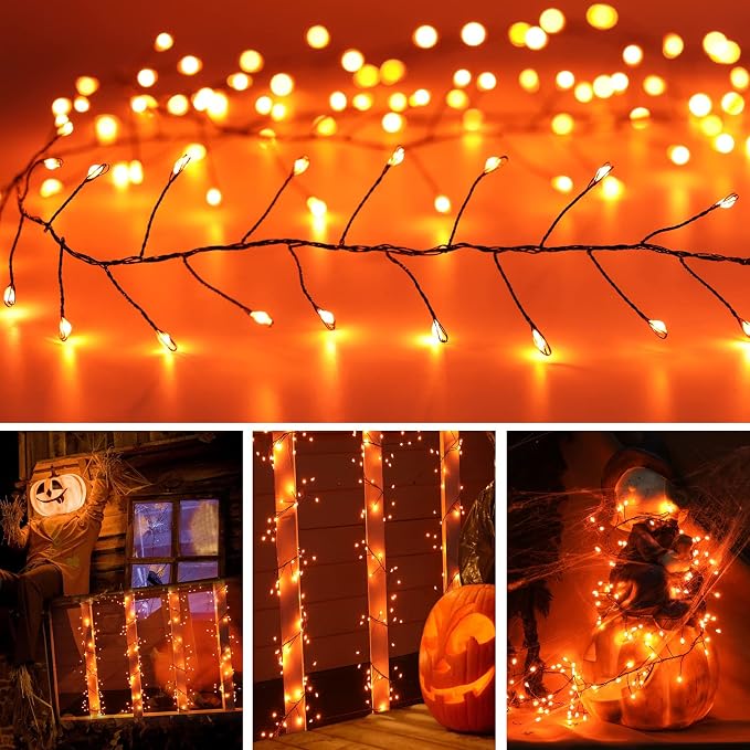 Halloween Fairy Lights Plug in, String Lights for Halloween Decorations | 10FT 200LEDs, 1 Pack with Remote, Orange, Waterproof Firecracker Lights for Ceiling Window Bar Haunted Theme Halloween Decor