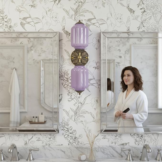 Vintage Milk Glass Sconce - 2-Light Wall Sconce with Brass Finish Base & Green Glass Shade - Wall Sconce Lighting for Mirror, Kitchen, Living Room, Gallery (Bulbs Included) (Purple)