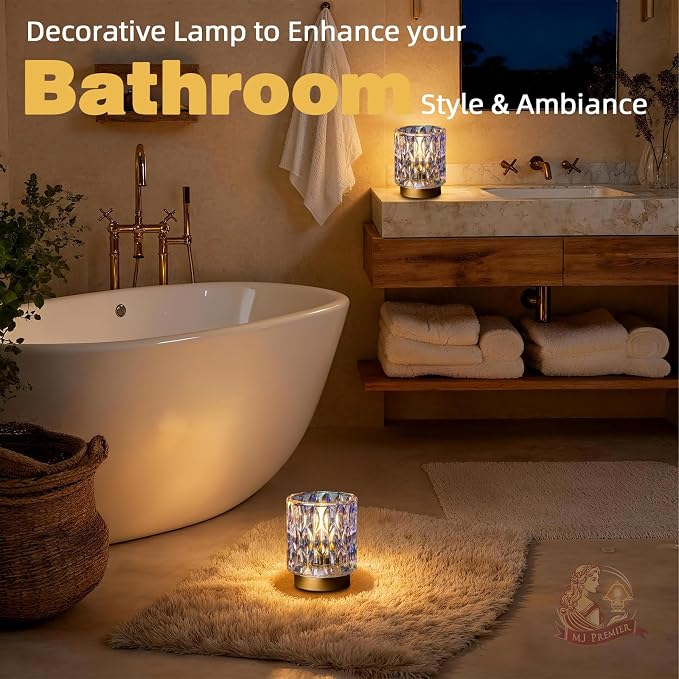 Battery Operated Table Lamp Timer, Small Cordless Lamps Decorative, 2 Pearl | Mini Crystal Lamp for Area No Plug, LED Battery Powered Lamps Wireless, Glass Accent Light for Bathroom Fireplace Shelf Decor