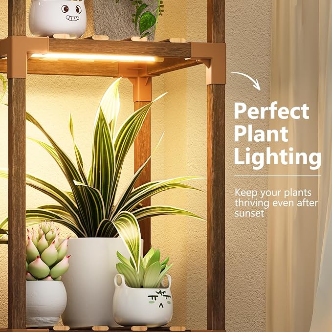 Plant Stand with Grow Light - Large Plant Stand Indoor for Multiple Pots, 10 Tiered Plant Shelf Wood Plants Holder Rack for Living Room, Patio, Garden, Corner, Home Decor