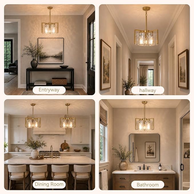 14.2 Inch Gold Chandeliers for Dining Room, Adjustable Height | 3-Light Vintage Entryway Light Fixture, Glass Pendant Lights for Kitchen Island Foyer Bedroom Bathroom