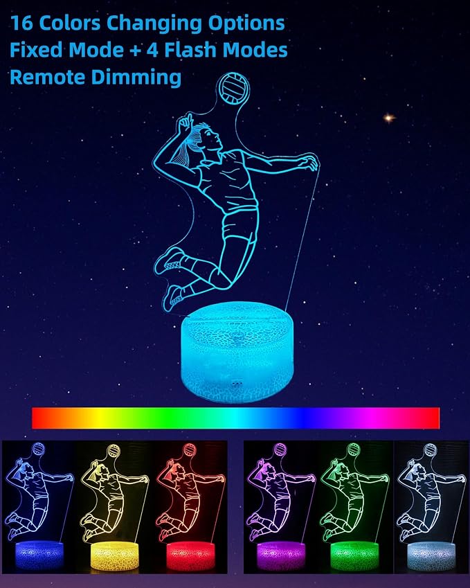 Volleyball 3D Illusion Night Light for Girls, Volley Player Lamp | 16 Colors Changing, Dimmable, Touch & Remote Control, Room Bedroom Décor, Birthday Christmas Teen Kid Women Sport Fan Gift