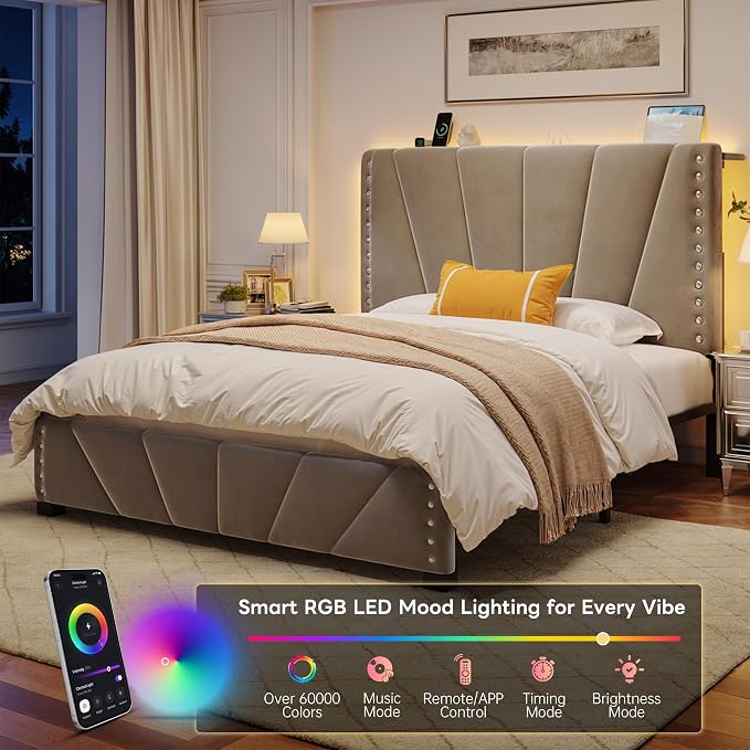 EnHomee Full Size Bed Frame with LED Lights & USB, Noise-Free, Grey | Adjustable Velvet Headboard，Under-Bed Storage，Heavy Duty Support with 12 Slats，No Box Spring Needed，Easy Assembly for Bedroom