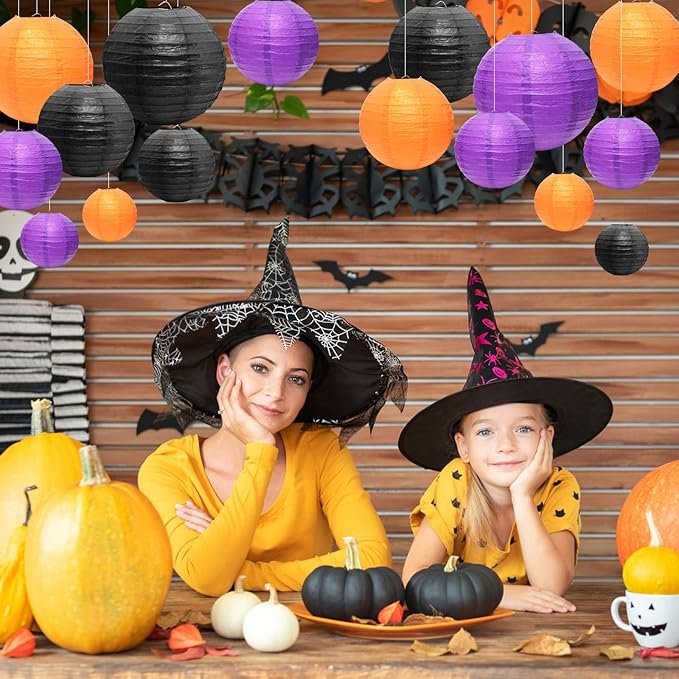 21 Pcs Paper Lanterns Party Decorations, 4/6/8/10 Inch Orange Black Purple Hanging Paper Lanterns for Halloween Decorations, Horror Party, Spooky Home Ceiling Decor Indoor Outdoor
