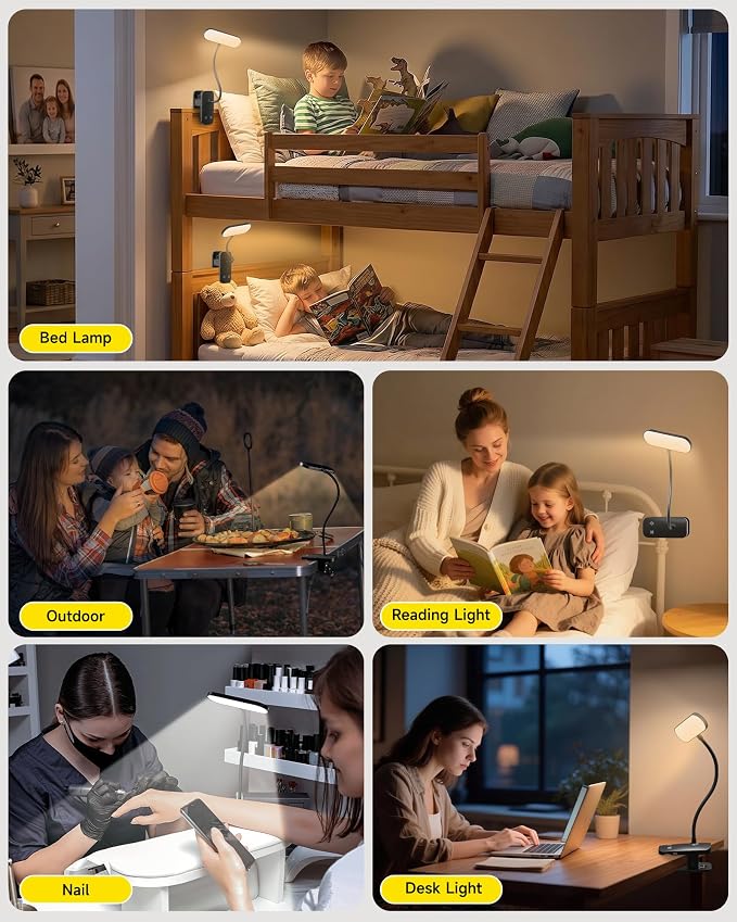 CUHIOY Rechargeable Clip on Light, Bed Headboard Reading Lamp, Black | Portable Cordless Battery-Operated USB-C, 5 Colors 5 Brightness Goose-Neck, Flicker-Free Clamp Desk Dorm Bunk Bed Light