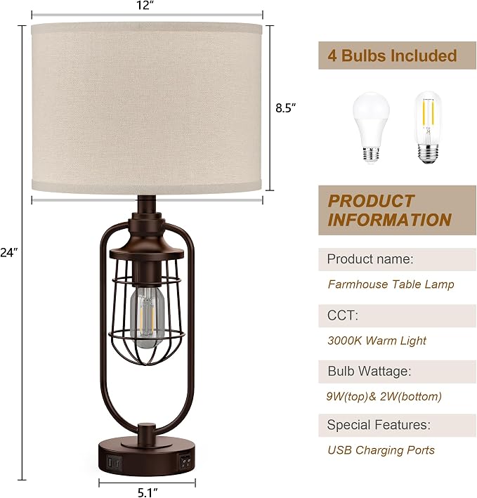Table Lamps for Living Room Set of 2, Farmhouse Lamps for Night Stands, Industrial Bedside Lamps for Bedroom Nightstand with USB A+C, Bulbs Included