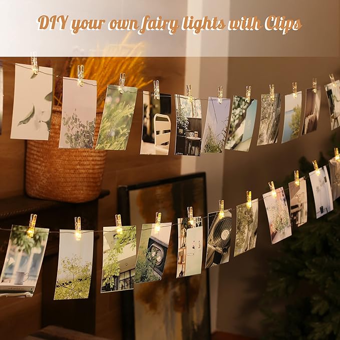 Photo Clips String Light,17FT Fairy Lights with 51 Clips, Battery Operated String Lights with Clips for Pictures, Room Decorations for Dorm Wall Bedroom Wedding Christmas Tree(Multi-Color)