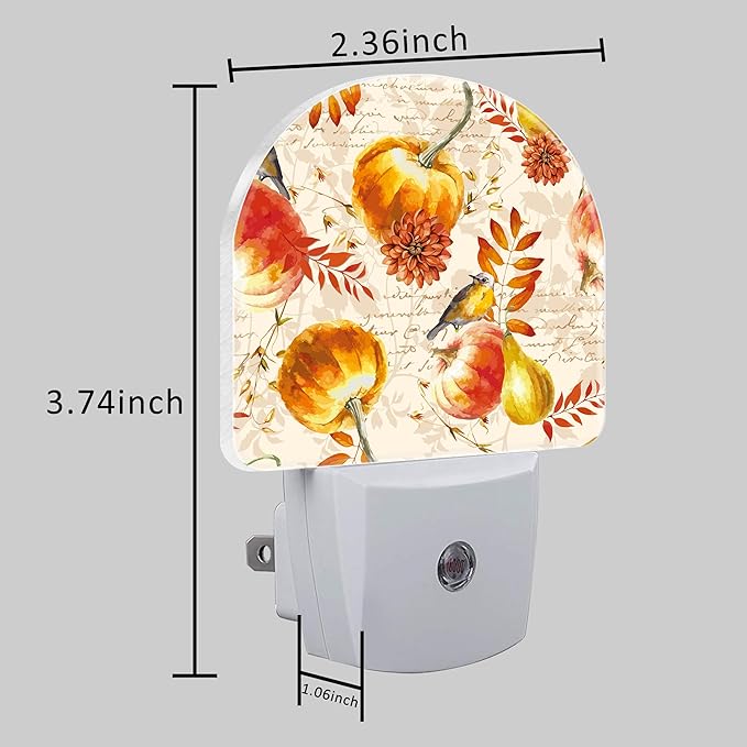 Autumn Fall Pumpkins and Leaves Night Light Plug into Wall with Dusk to Dawn Sensor Cute Nightlight for Kid Girls Boys Women Men Room Decor, Hallway, Kitchen, Bathroom, Nursery, Stairs
