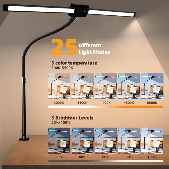 Led Desk Lamp with Clamp, Gooseneck Remote Control Desk Light with Eye Protection, 24W Ultra Bright Stepless Dimming and Tempering LED Desk Lamp for Home Office, Bedroom, Study