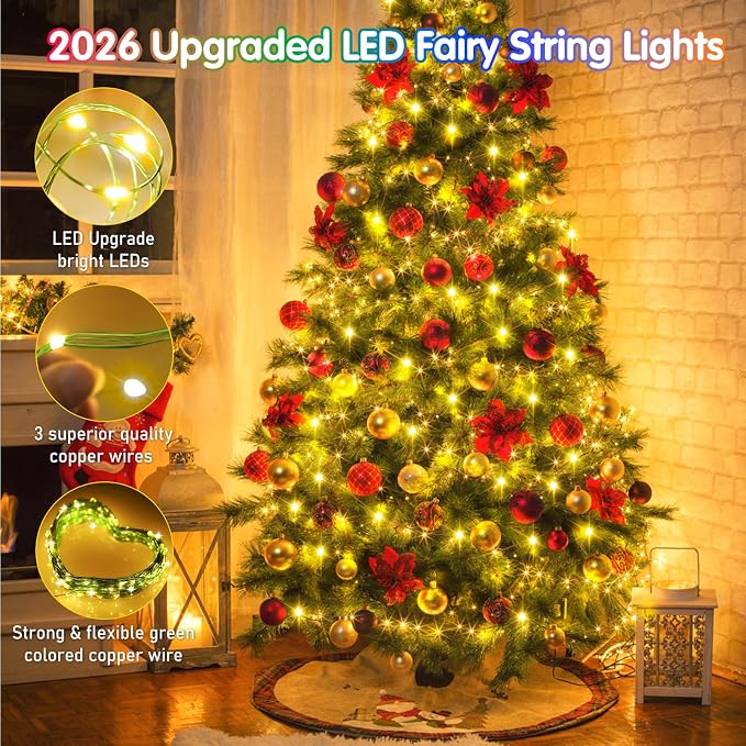 KNONEW 203FT 600LED Green Wire Outdoor Fairy Lights Plug in Warm White Xmas | Timer,Memory,Dimmable,Remote,Waterproof,Green Wire,Invisible in Greenery,for Garden,Wedding,Party, Indoor/Outdoor, Christmas