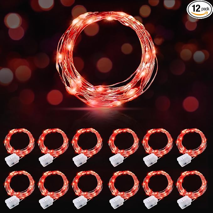 AIKEI 12 Pack LED Fairy Lights Battery Operated, Red Mini String Lights Waterproof 7 Feet 20 Led Twinkle Lights for Valentine's Day Decor Wedding Party Bedroom Halloween Christmas Decoration