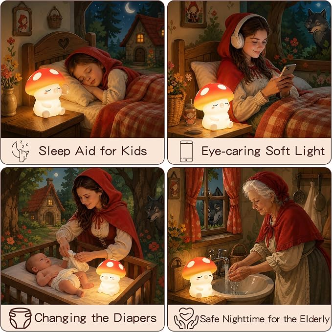 FAMIDUO Mushroom Night Light, Squishy Silicone Touch Bedside Nursery Lamp | Warm Glow, Safe BPA-free Silicone, 20-min Auto Sleep Timer, 2 Brightness,Kids Room Decor, Baby Shower Gifts for Girls Toddler