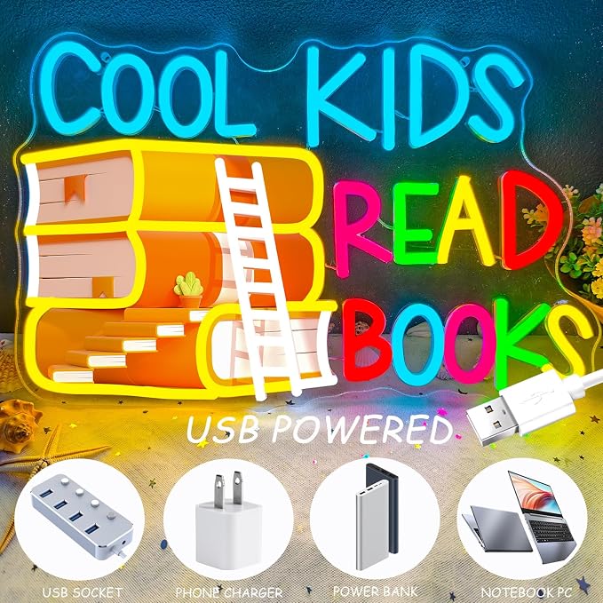 Cool Kids Read Books Neon Sign Printed Read Books Neon Light for Wall Decor | USB Dimmable Cool Kids LED Neon Signs for Classroom Reading Room Bookstore Library Bedroom Study Room Bookish Decoration