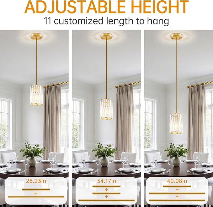 Gold Pendant Light, Modern Crystal Pendant Lights Kitchen Island, Kitchen Island Lighting with Adjustable Height, UL Certified Island Lights for Kitchen Dining Room Bedroom Hallway 2 Pack