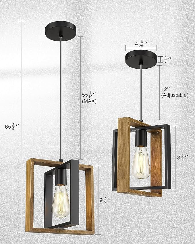 Black Pendant Lighting Modern Pendant Light, Adjustable Pendant Light Fixture,Pendant Lights Kitchen IslandLight (2 Packs Wood+Metal Pendant Light)