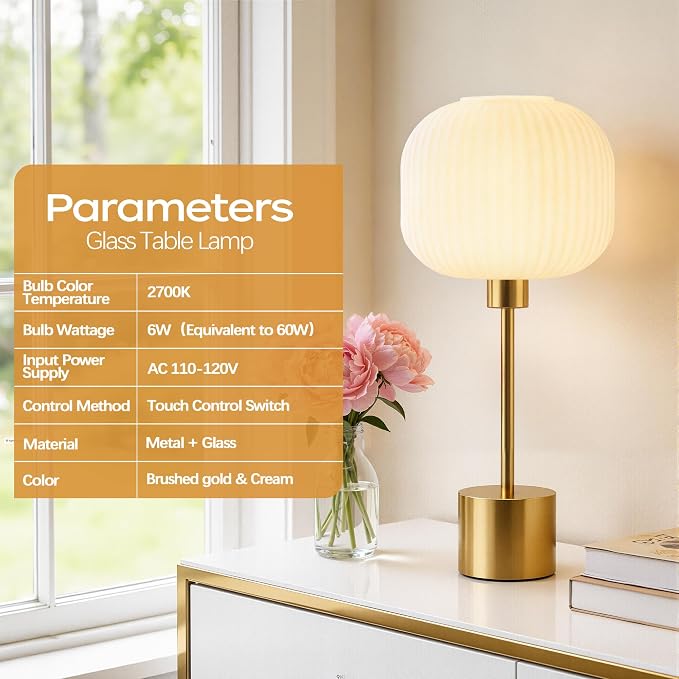 QiMH Glass Table Lamp for Living Room, Modern Bedside Lamp with Gream Ribbed Glass Shade, 3-Way Dimmable Touch Control Nightstand Lamp for Bedroom, Brushed Gold (2700K LED Bulb Included)