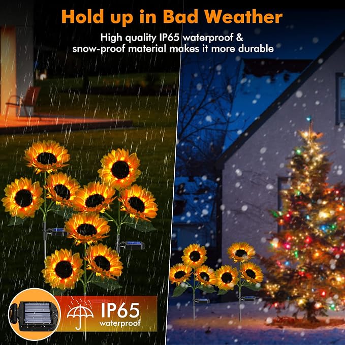 Solar Sunflower Lights Flowers Outdoor Waterproof for Yard Garden Cemetery | 800mA Real Looking Stake Flower Bed Pathway Patio Porch Fall Decors