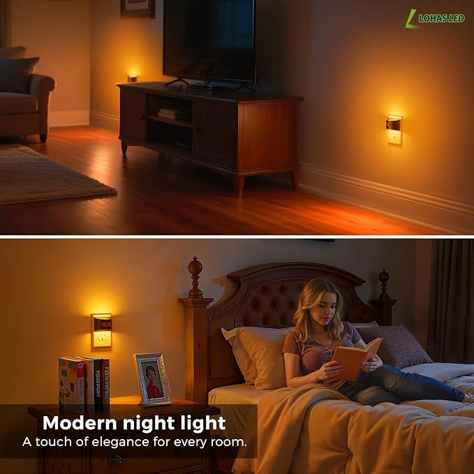 L LOHAS LED Motion Sensor Night Light, Night Lights Plug into Wall, 2 Pack | Nightlight with Dusk to Dawn & Motion Detection Sensor, 30-100Lm Adjustable Brightness, 1600K Amber Light, Black Housing