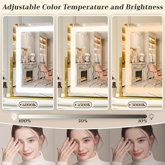 ROLOVE Gold Vanity Mirror with Lights - Smart Touch Dimming, 3-Color Lighting, 360° Rotatable Desktop Makeup Mirror for Desk, 22"x17"