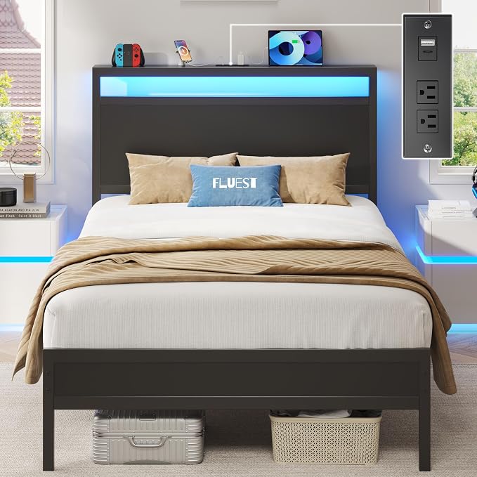 Fluest Twin Bed Frame with Headboard & Footboard, Twin Bed Frame with Charging Station & LED Light, Under-Bed-Storage, No Box Spring Needed, Noise Free, Easy Assembly, Classic Black