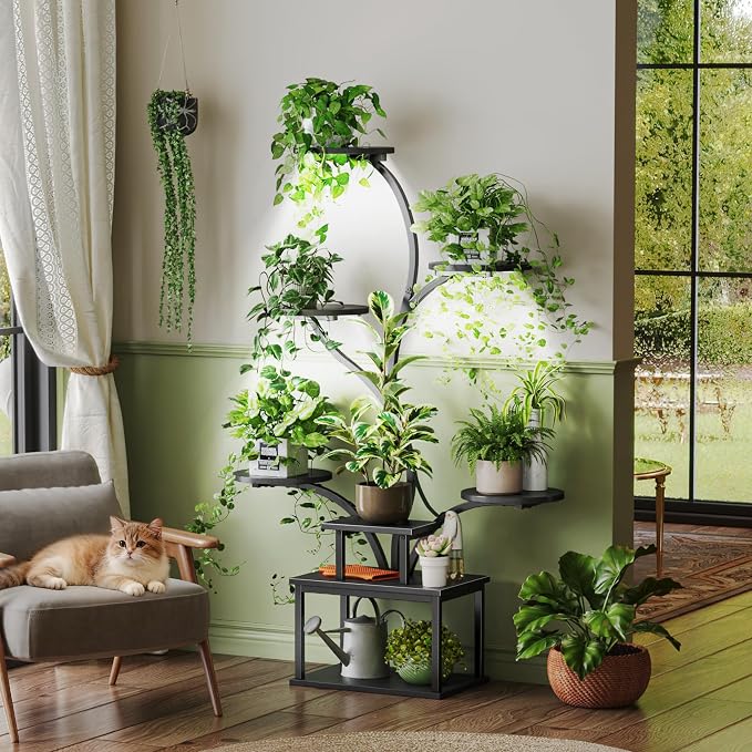 51 Inch Plant Stand with Grow Lights, 8 Tiered Indoor Plant Shelf | Corner Plant Rack with Larger Flower Holder, Curved-tubed Design, 3 Light Modes, for Living Room, Black