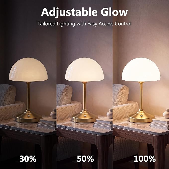 Table Lamp Cordless Lamp,5000mAh Rechargeble Battery Operated Lamp | Small Bedside Desk Lamp 11.02" with Glass Shade 3-Way Dimmable Portable LED Table Light,for Outdoor,Dinner,Patio(Gold)
