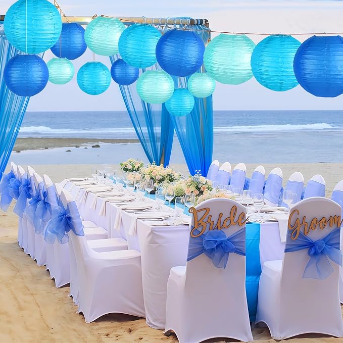 15-Pack Blue Paper Lanterns, Hanging Party Decorations | Dark-to-Light Gradient Shades in 6, 8 & 10 Inch Sizes for Boy Baby Showers, Graduations, Men's Birthdays, Ocean Themes