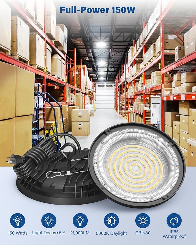 150W UFO LED High Bay Light, 21,000LM LED Shop Lights Fixture, 5000K, Replace 600W Halogen, 120VAC, Plug & Play Lighting for Warehouses, Workshops, Garages, and Barns – ETL Listed