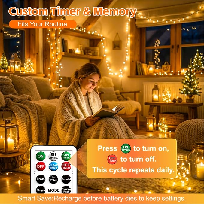 6 Pack Rechargeable Fairy Lights,7ft 20LEDs, Remote & DIY Timer | Dimmable Silver Wire, Mini Twinkle Lights, For Mason Jar, Indoor Christmas Bedroom Wedding Decor, Multicolor
