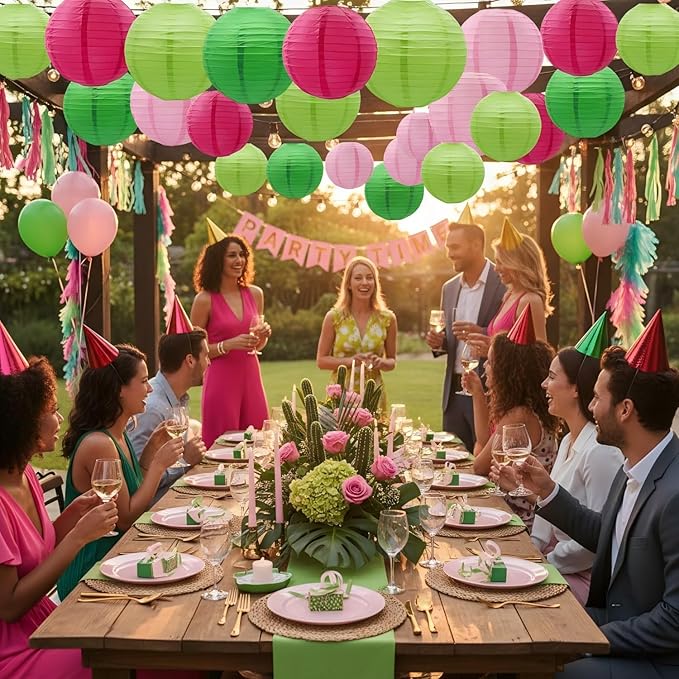 CC wonderland zone 12pcs Hot Pink and Green Paper Lanterns,Hanging Paper Lanterns for Bridal Shower Rustic Boho Birthday Wedding Home Decor Party Decoration