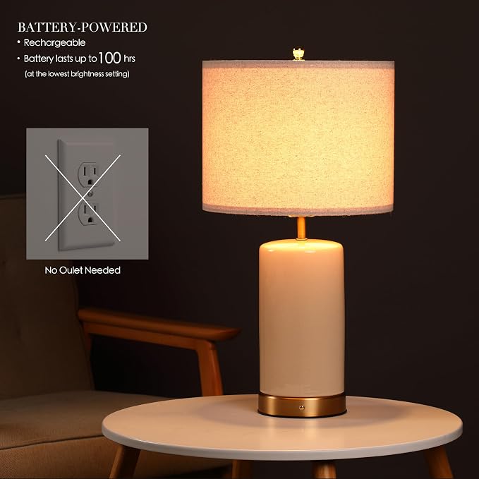 O’Bright Dune - Battery Powered Table Lamp, Rechargeable Cordless Ceramic Lamp, Full-Size 24 Inch Height, 4-Level Dimming, Smart Safety Protection, Type-C Fast Charging, LED Bulb Included, Cream White