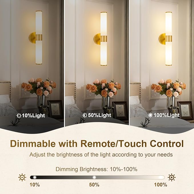Morauroral Gold Battery Operated Wall Sconces Set of 2, Rechargeable Wall Lights with Remote Control, 20 Inch Modern Wireless Wall Lamp for Bedroom, Living Room (Bulbs Included)