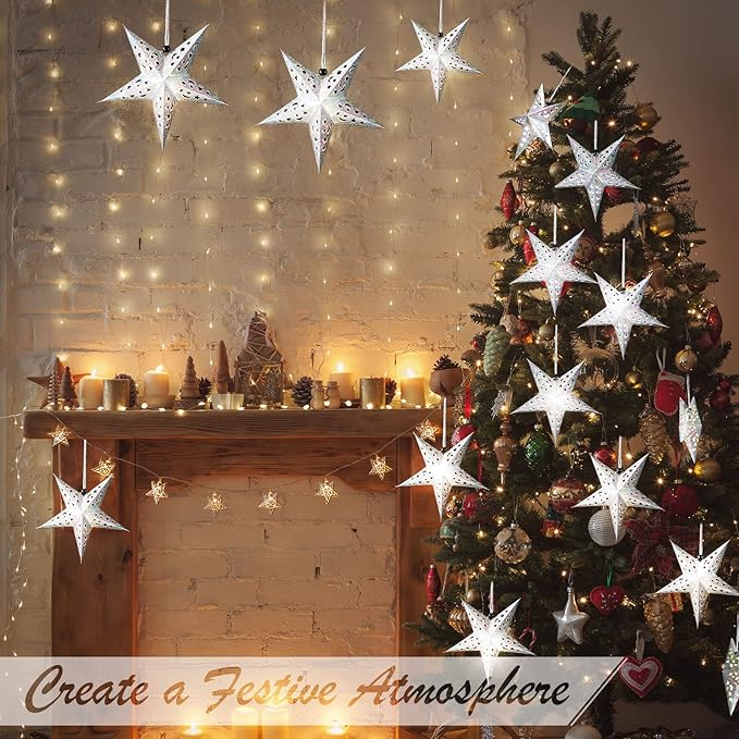Zhanmai 10 Pcs Large 3D Silver Paper Star Lantern with 10 LED Lights 11.8 Inch 5 Point Hollow Hanging Paper Star Lampshade Decoration Light Lanterns for Wedding Birthday New Year Party Home Decor