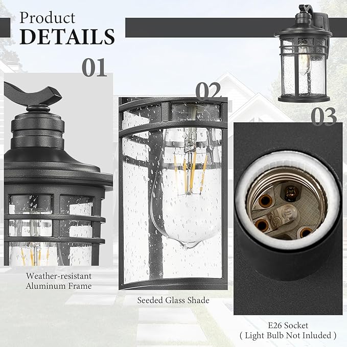 Darkaway Large Outdoor Porch Lights Wall Mount, 15inch Outdoor Light Fixtures Sconces Wall Lighting with Seeded Glass Exterior Lights for Patio Yard House Hallway Doorway Garage(Large, Black)