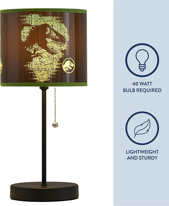 Jurassic World Stick Table Kids Lamp, with Pull Chain, Themed Printed Decorative Shade,Metal