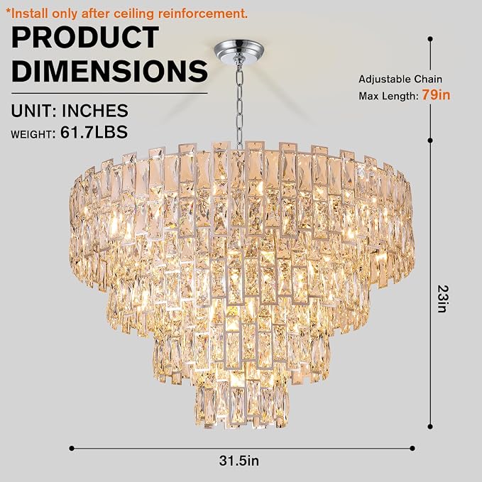 32" Luxury Crystal Chandelier for Dining Room, Modern Ceiling Light, French Empire Style with Premium K9 Crystals, Elegant Chrome Finish, Perfect for Living Room or Bedroom, 21-Light Fixtur (Chrome)